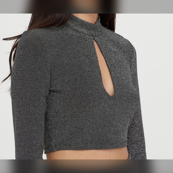 Divided Tops - Low-Cut Short Top Black Glittery Long Sleeves.